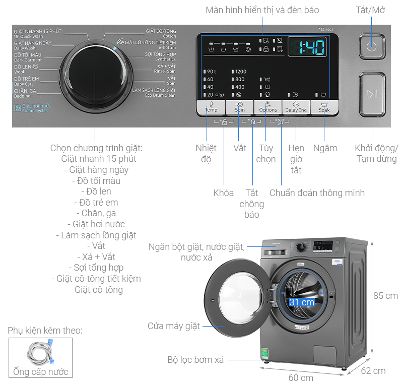 Thông số kỹ thuật Máy giặt Samsung Inverter 9.5 kg WW95J42G0BX/SV