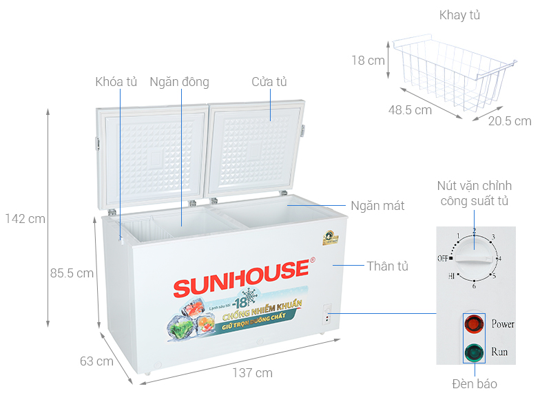 Thông số kỹ thuật Tủ đông Sunhouse 330 lít SHR-F2472W2